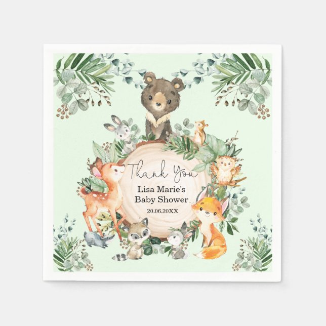 Rustic Greenery Woodland Forest Baby Animals Napkins (Front)