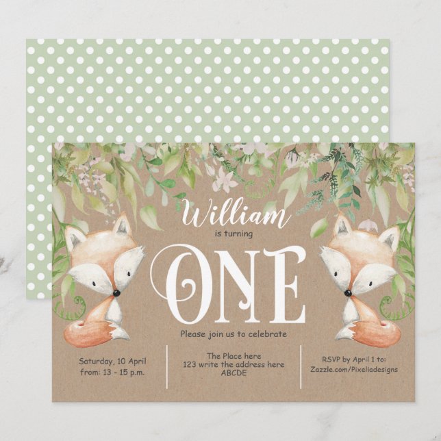 Rustic, Greenery, Woodland Fox, Boy 1st Birthday Invitation (Front/Back)