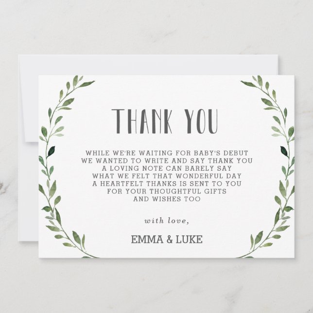 Rustic Greenery Wreath Baby Shower Gender Neutral Thank You Card (Front)