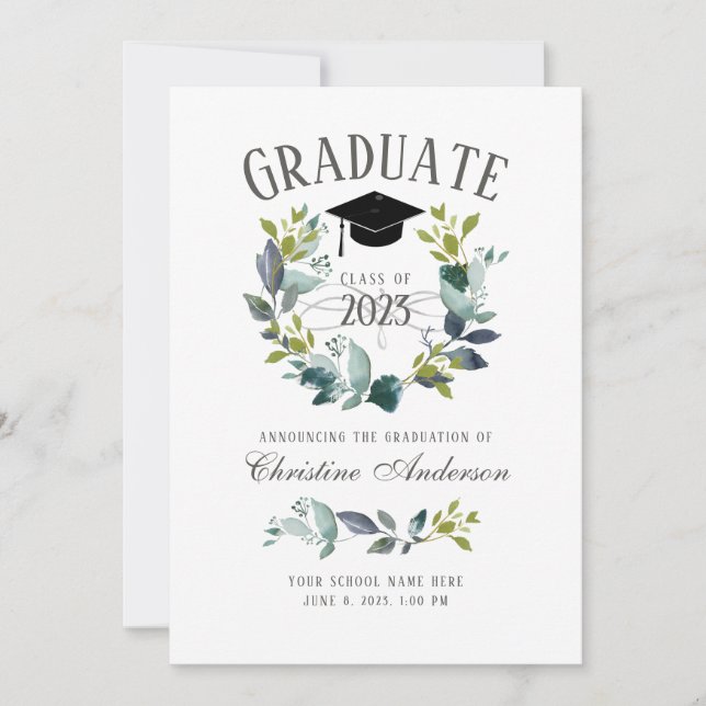 Rustic Greenery Wreath Black Grad Cap Graduation Announcement (Front)