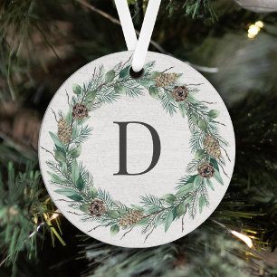 Rustic Greenery Wreath Christmas Monogram Letter Metal Ornament
