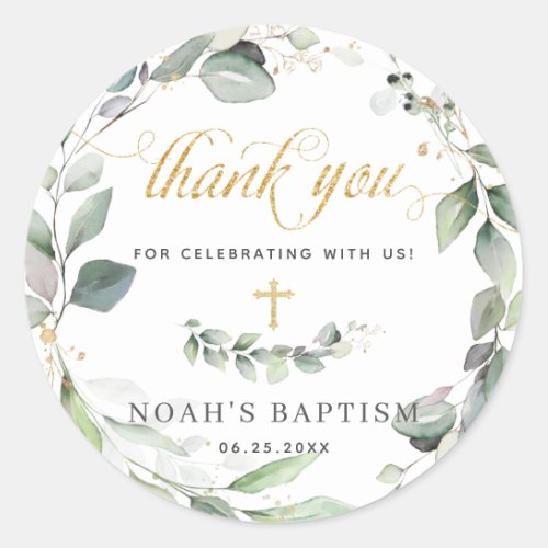 Rustic Greenery Wreath Gold Christening Thank You Classic Round Sticker