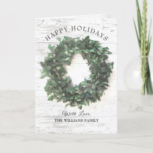 Rustic Greenery Wreath Happy Holidays Family Photo Holiday Card