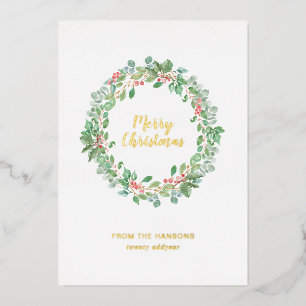 Rustic Greenery Wreath Merry Christmas Gold Foil Holiday Card