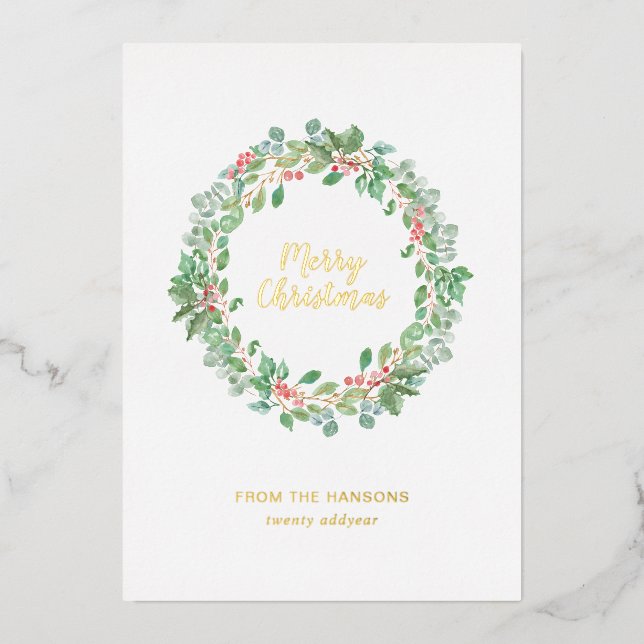 Rustic Greenery Wreath Merry Christmas Gold Foil Holiday Card (Front)
