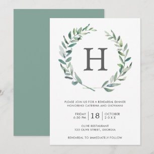 Rustic Greenery Wreath Monogram Rehearsal Dinner Invitation