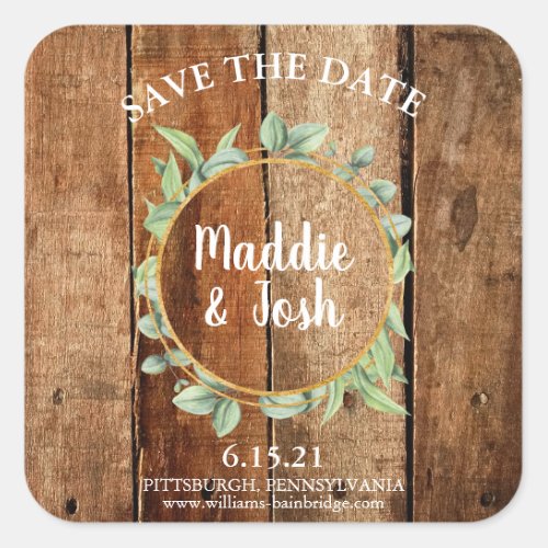 Rustic Greenery Wreath on Barn Wood Save the Date Square Sticker