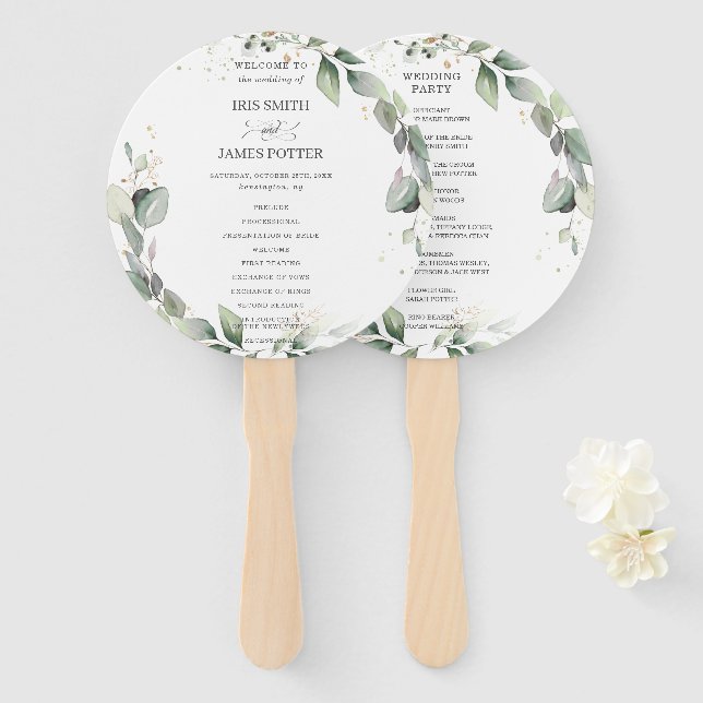 Rustic Greenery Wreath Round Wedding Program Hand Fan (Front and Back)