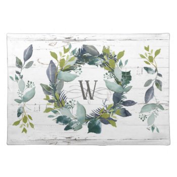 Rustic Greenery Wreath Watercolor Monogram Initial Cloth Placemat by ilovedigis at Zazzle