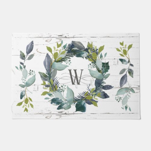 Rustic Greenery Wreath Watercolor Monogram Initial Doormat