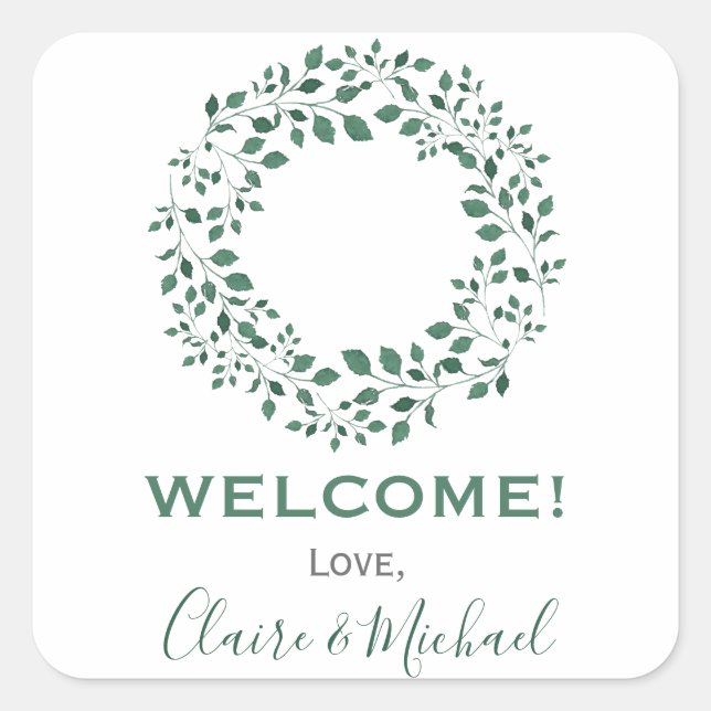 Rustic Greenery Wreath | Wedding Welcome Square Sticker (Front)