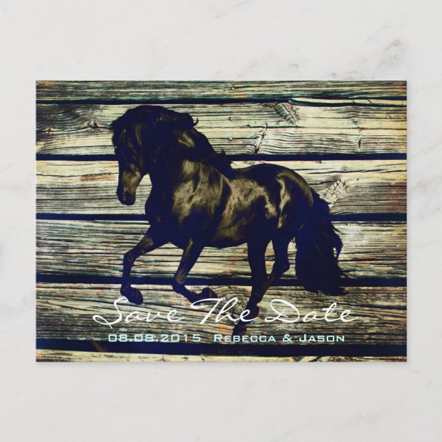 rustic grey barn wood western horse themed wedding announcement postcard (Front)