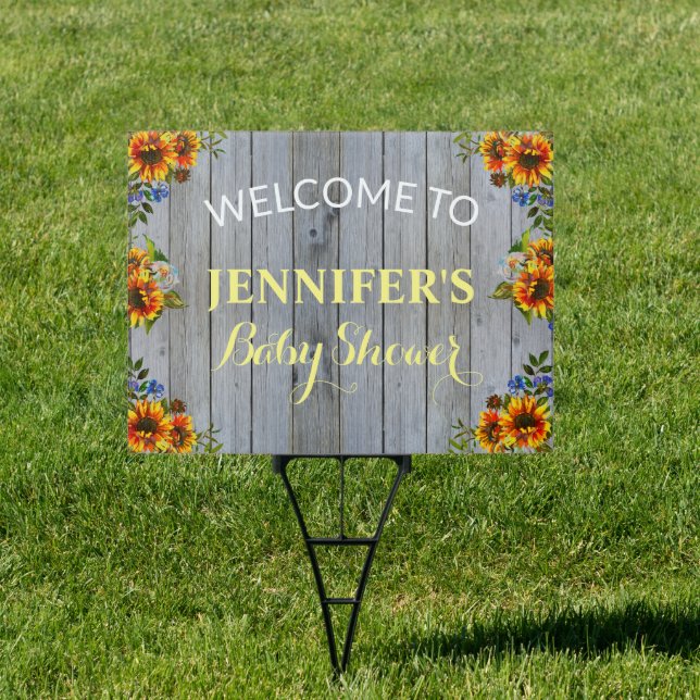 Rustic Grey Barnwood Sunflower Baby Shower Welcome Sign (Insitu)