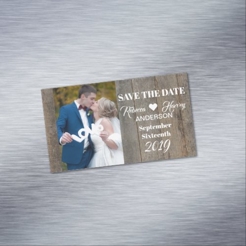 Rustic grey barnwood wedding save the date business card magnet