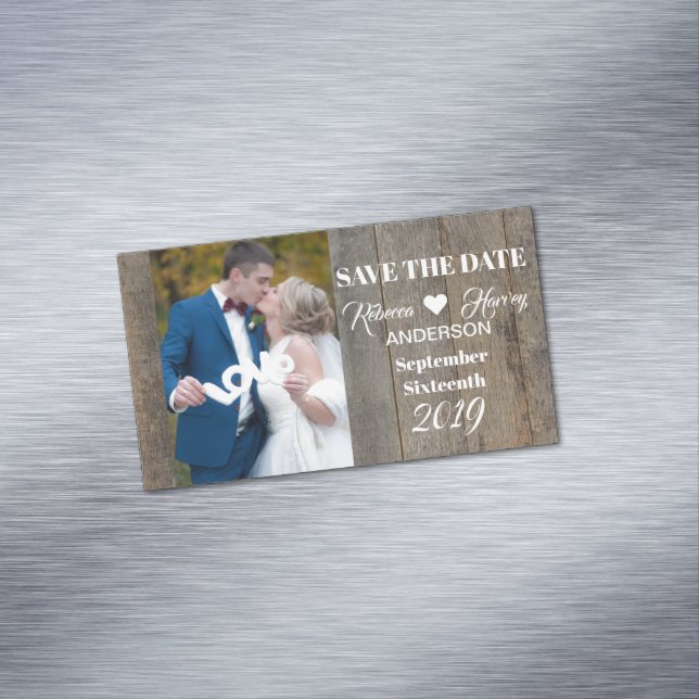 Rustic grey barnwood wedding save the date business card magnet (In Situ)