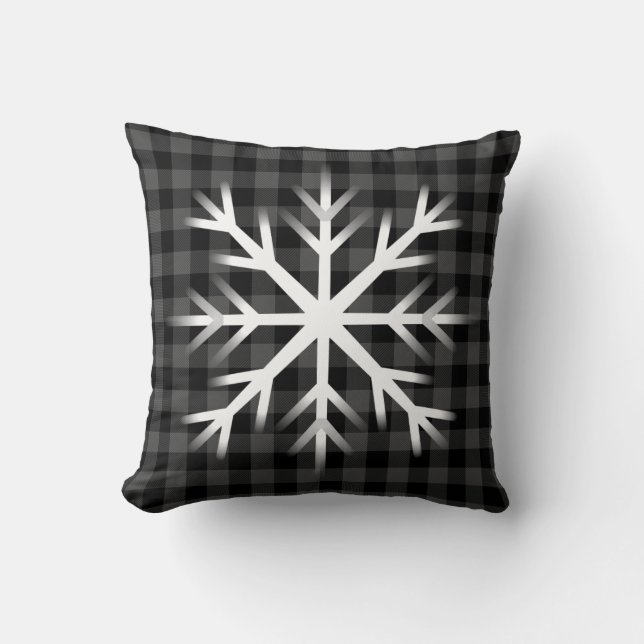 Rustic grey black buffalo plaid -snow flake throw pillow (Front)