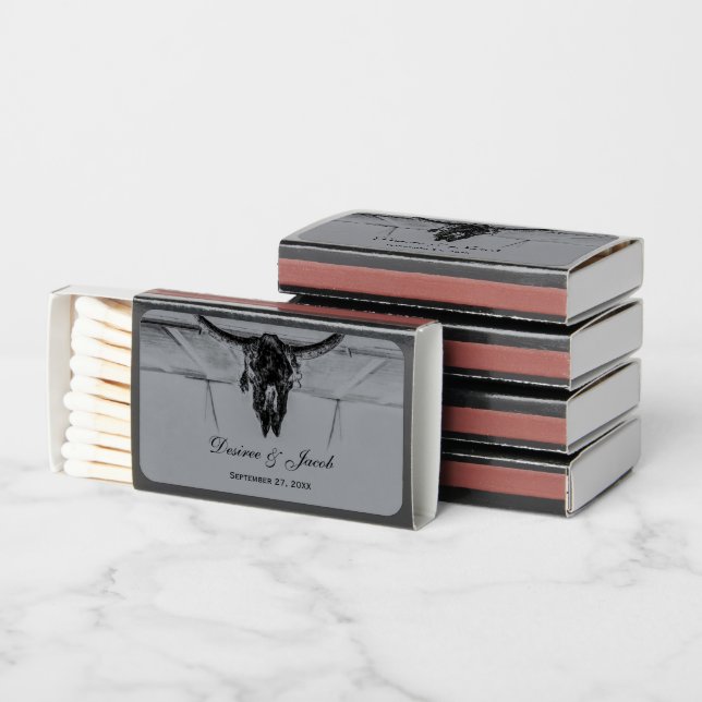 Rustic Grey Black Western Cow Skull Wedding Matchboxes (Stacked)