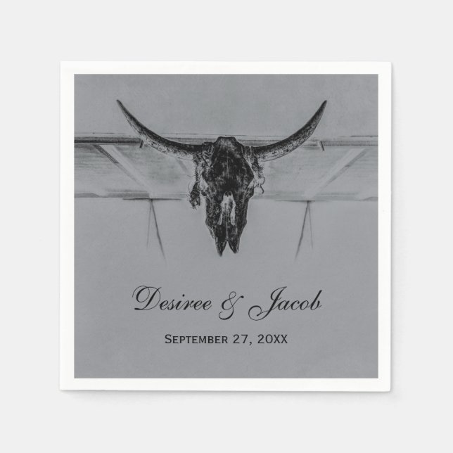 Rustic Grey Black Western Cow Skull Wedding Napkins (Front)