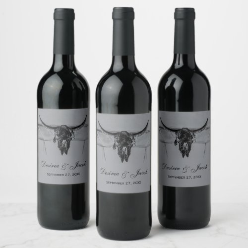 Rustic Grey Black Western Cow Skull Wedding Wine Label