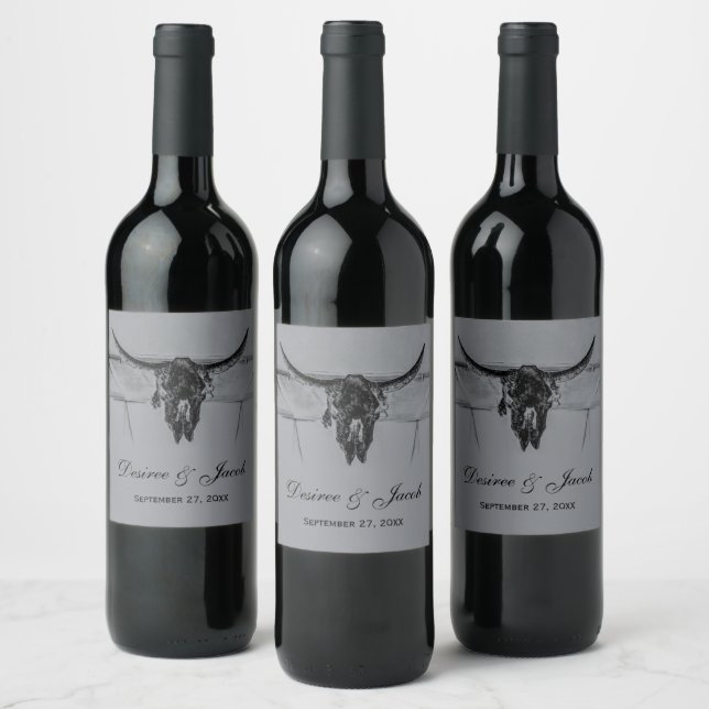 Rustic Grey Black Western Cow Skull Wedding Wine Label (Bottles)