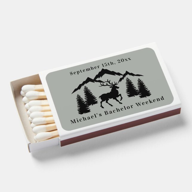 Rustic Grey Buck Hunting Bachelor Weekend Matchboxes (Front Open)