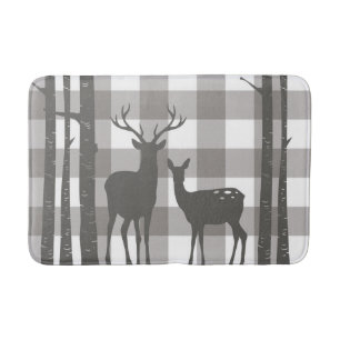 Rustic Grey Buffalo Plaid Checkers Deer & Birch Bath Mat