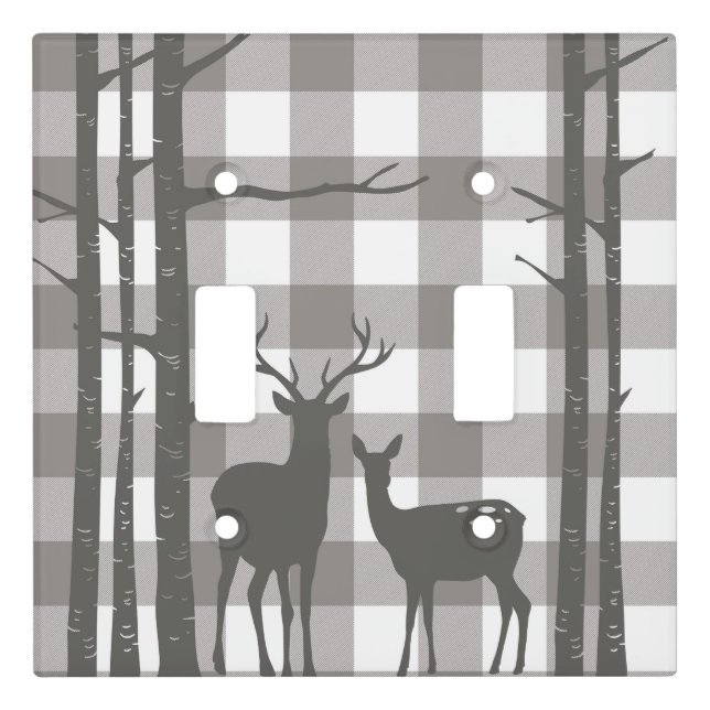 Rustic Grey Buffalo Plaid Checkers Deer & Birch Light Switch Cover (Front)