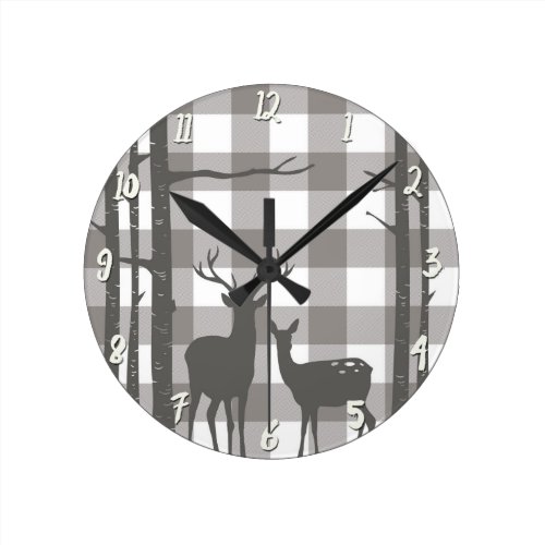 Rustic Grey Buffalo Plaid Checkers Deer & Birch Round Clock