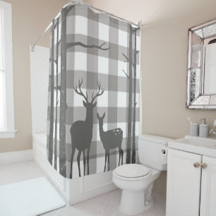 Rustic Grey Buffalo Plaid Checkers Deer & Birch Shower Curtain