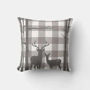 Rustic Grey Buffalo Plaid Checkers Deer & Birch Throw Pillow