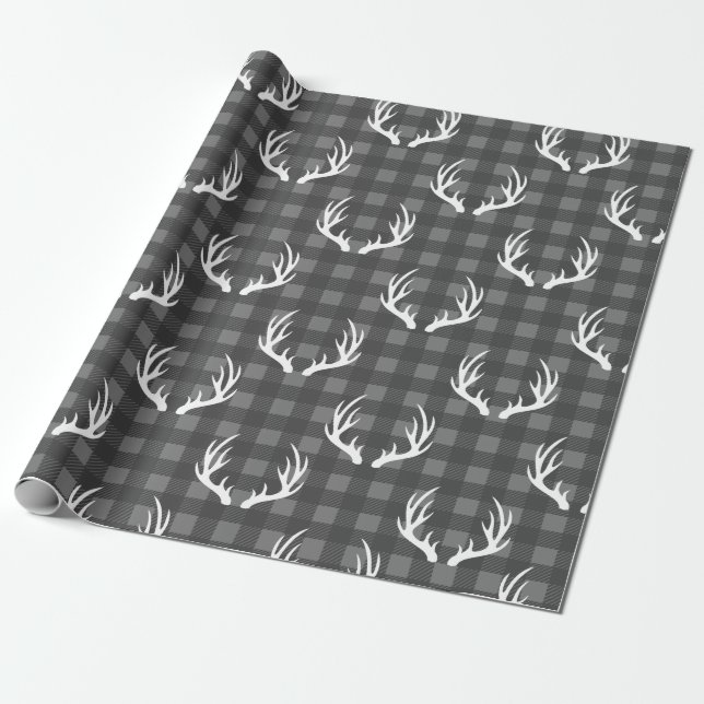 Rustic Grey Buffalo Plaid White Deer Antlers Wrapping Paper (Unrolled)