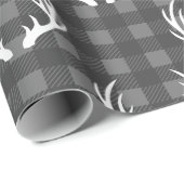 Rustic Grey Buffalo Plaid White Deer Antlers Wrapping Paper (Roll Corner)