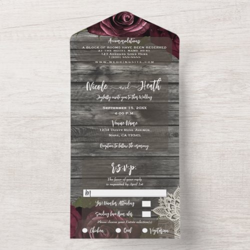 Rustic Grey Burgundy Roses White Lace Wedding All  All In One Invitation