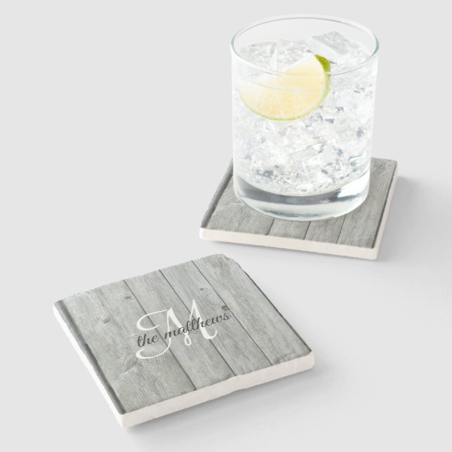 Rustic Grey Country Barn Monogram Family Name  Stone Coaster (Side)