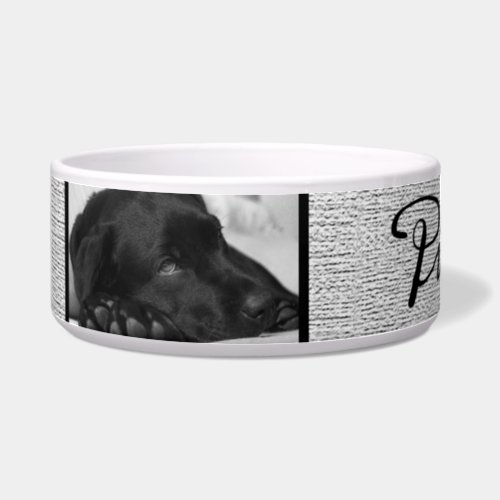 Rustic Grey Dog`s Name in Black Script 2 Photo  Bowl - Rustic grey background with dog`s name in black script and 2 photos. This dog bowl comes with a dog`s name in black script and 2 photos - personalize the bowl with your dog`s name and insert two of your photos into the template.