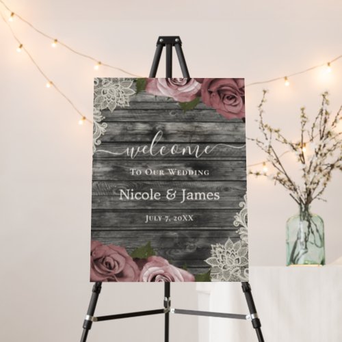 Rustic Grey Dusty Pink Roses Wedding Welcome Sign 