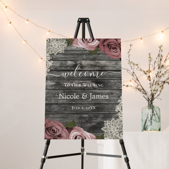 Rustic Grey Dusty Pink Roses Wedding Welcome Sign  (In Situ (Stand))