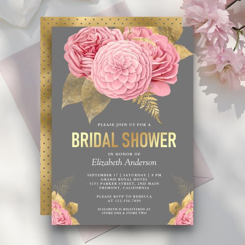 Rustic Grey Gold Dusty Pink Floral Bridal Shower Invitation
