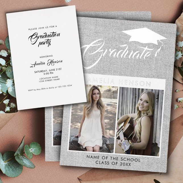 Rustic Grey Graduate 2 Photo Graduation Silver Foil Invitation (Creator Uploaded)