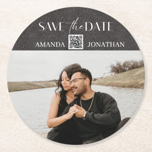 Rustic Grey Leather Photo QR Code Save the Date Round Paper Coaster