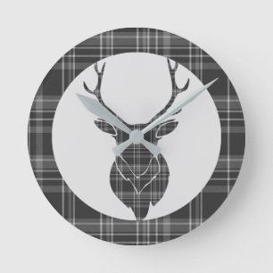Rustic Grey Scottish Tartan And Stag Head Antler Round Clock