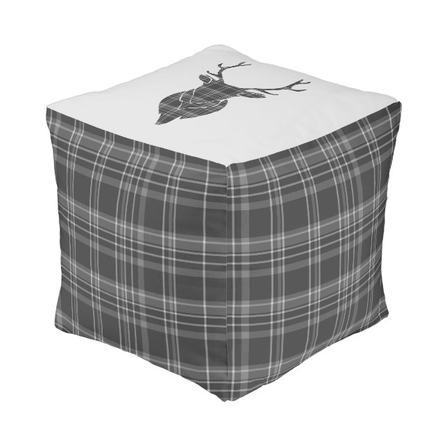 Rustic Grey Tartan And Stag Head Antler Pouf (Angled Front)