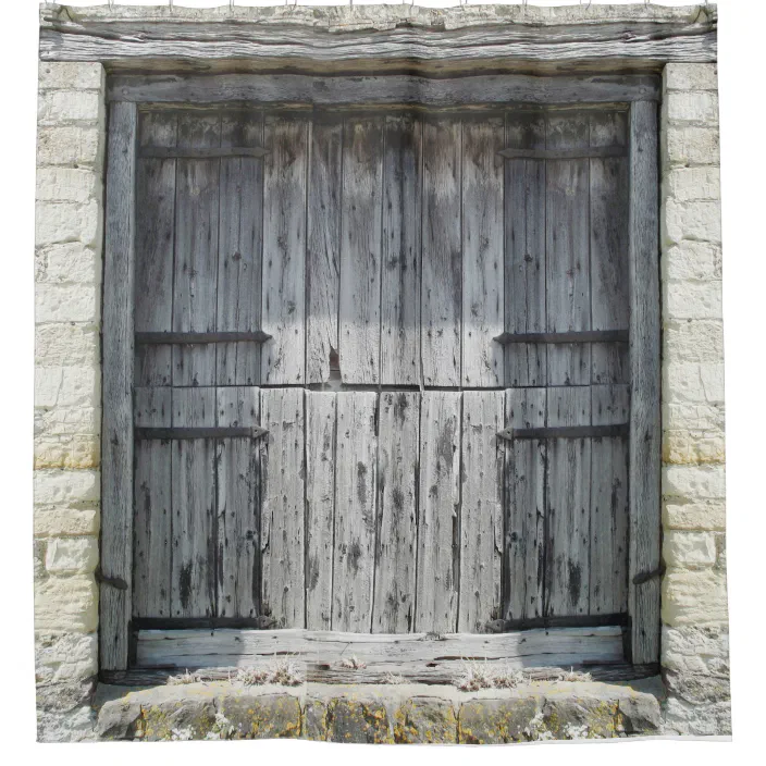 Rustic Grey Weathered Wood Stone Barn, Wood Door Shower Curtain