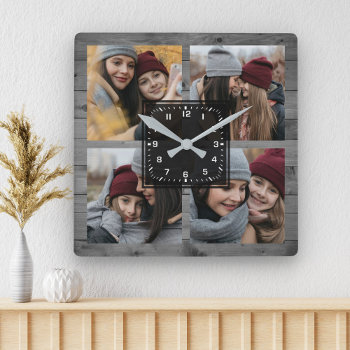 Rustic Grey Wood 4 Pictures Family Photo Collage Square Wall Clock by ShabzDesigns at Zazzle