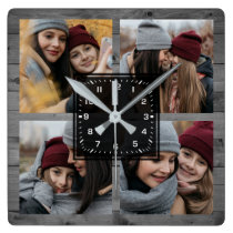 Rustic Grey Wood 4 Pictures Family Photo Collage Square Wall Clock Rustic Grey Wood 4 Pictures Family Photo Collage Square Wall Clock
