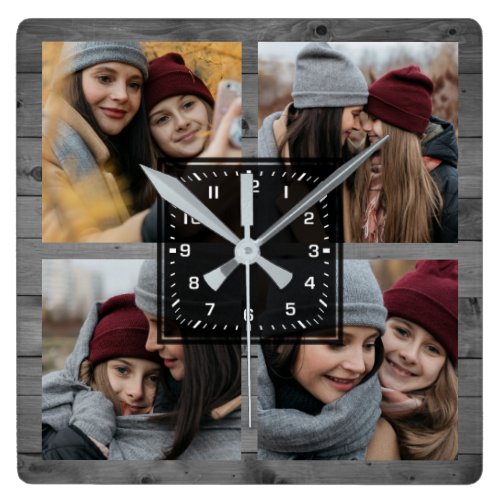 Rustic Grey Wood 4 Pictures Family Photo Collage Square Wall Clock