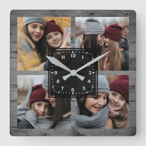 Rustic Grey Wood 4 Pictures Family Photo Collage Square Wall Clock