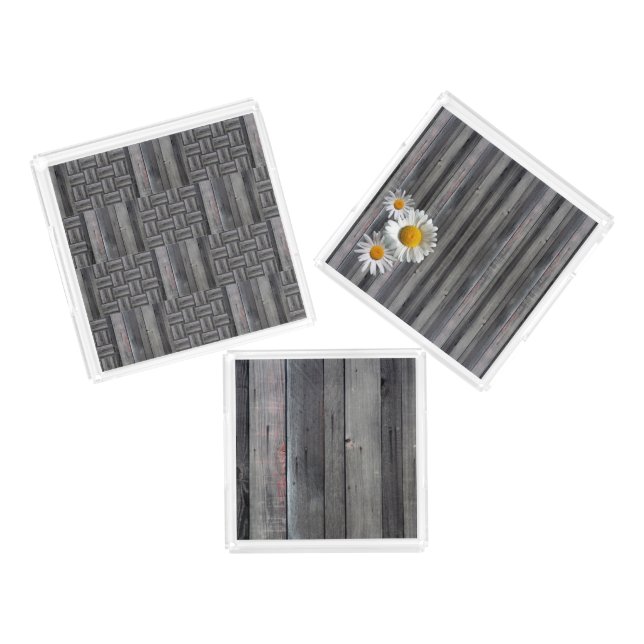 Rustic Grey Wood and Daisy Acrylic Tray Set (Set)