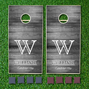 Rustic Grey Wood Country Family Name Monogram Cornhole Set
