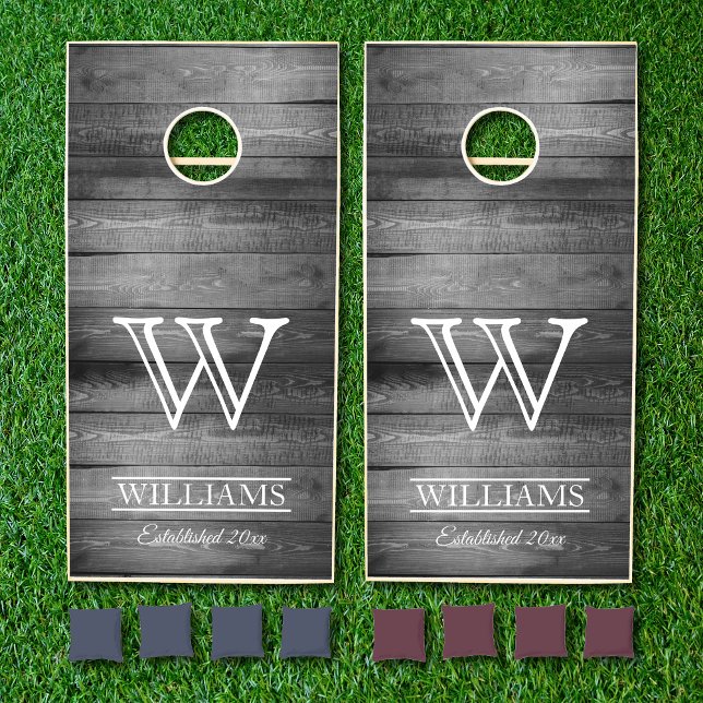 Rustic Grey Wood Country Family Name Monogram Cornhole Set (Creator Uploaded)